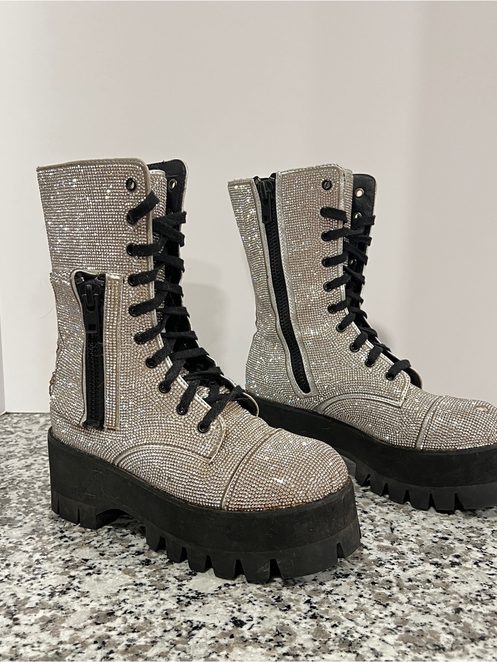 Sparkly Rhinestone Platform Combat Boots